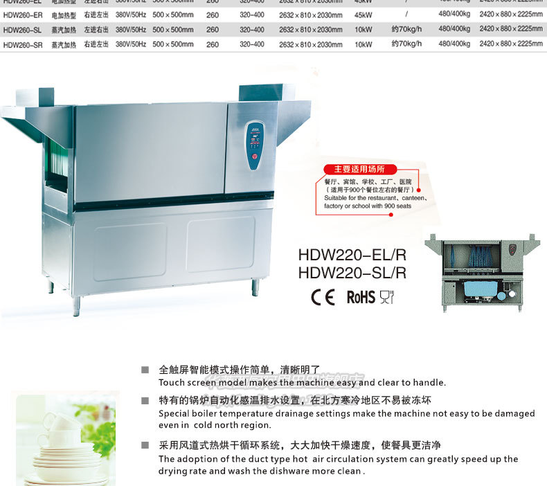 華菱HDW-220.260.300商用全自動洗碗機噴淋式高溫消毒帶烘干