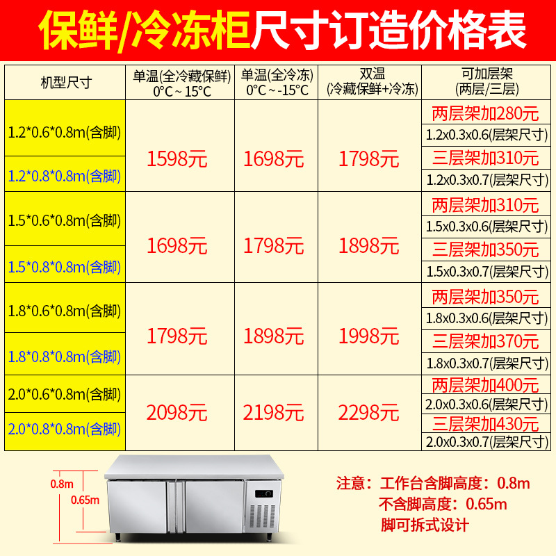 樂(lè)創(chuàng)不銹鋼冷藏工作臺(tái) 臥式廚房冰柜 商用酒店保鮮操作臺(tái)1.8米